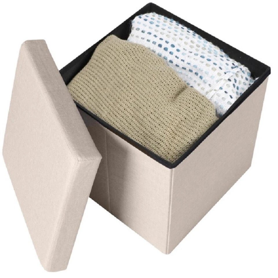 Merkloos Urban Living Poef/hocker/opbergbox - Beige - Mdf - 37 X 37 Cm 4 Merkloos Urban Living Poef/hocker/opbergbox - Beige - Mdf - 37 X 37 Cm - Afbeelding 2