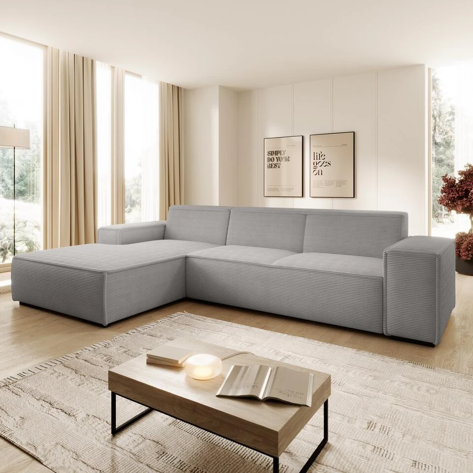 Meubella - Hoekbank Cardiff - Grijs - Ribstof - Links 4 Meubella - Hoekbank Cardiff - Grijs - Ribstof - Links - Afbeelding 2