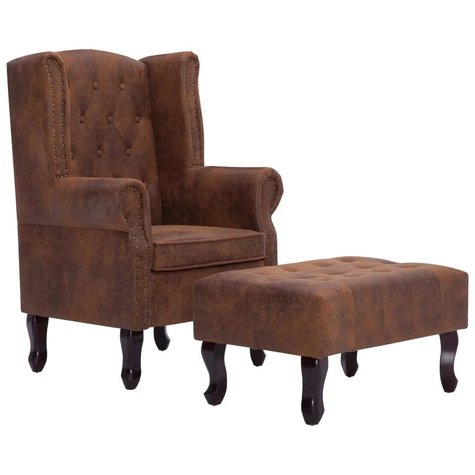 VidaXL Fauteuil En Voetenbank Chesterfield-stijl Kunstsuède Bruin 3 VidaXL Fauteuil En Voetenbank Chesterfield-stijl Kunstsuède Bruin