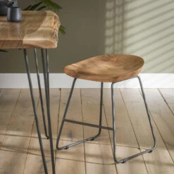 Giga Meubel Houten Krukje - Acaciahout - Naturel - Metalen Frame -LeenBakker Winkel 1000052107 0101
