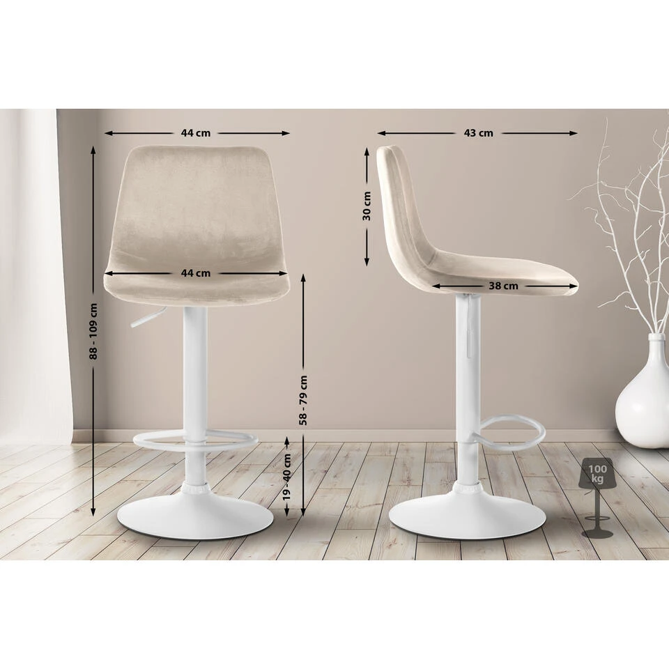 CLP Barkruk Divo Fluweel Wit Frame Crème 4 CLP Barkruk Divo Fluweel Wit Frame Crème - Afbeelding 2