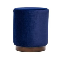 Pouf In Blauw Fluweel En Houten Basis