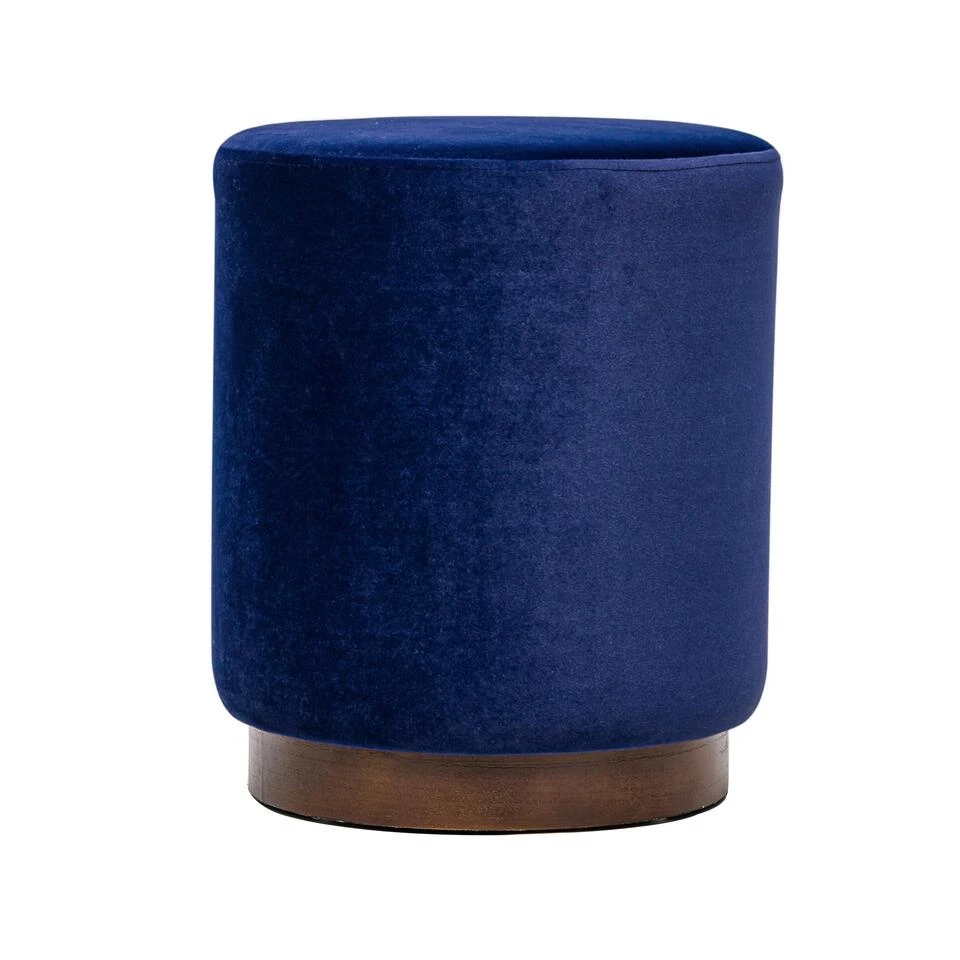 Pouf In Blauw Fluweel En Houten Basis 3 Pouf In Blauw Fluweel En Houten Basis