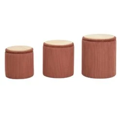 Set Van 3 Poefs Met Opbergruimte Van Hout En Ribfluweel