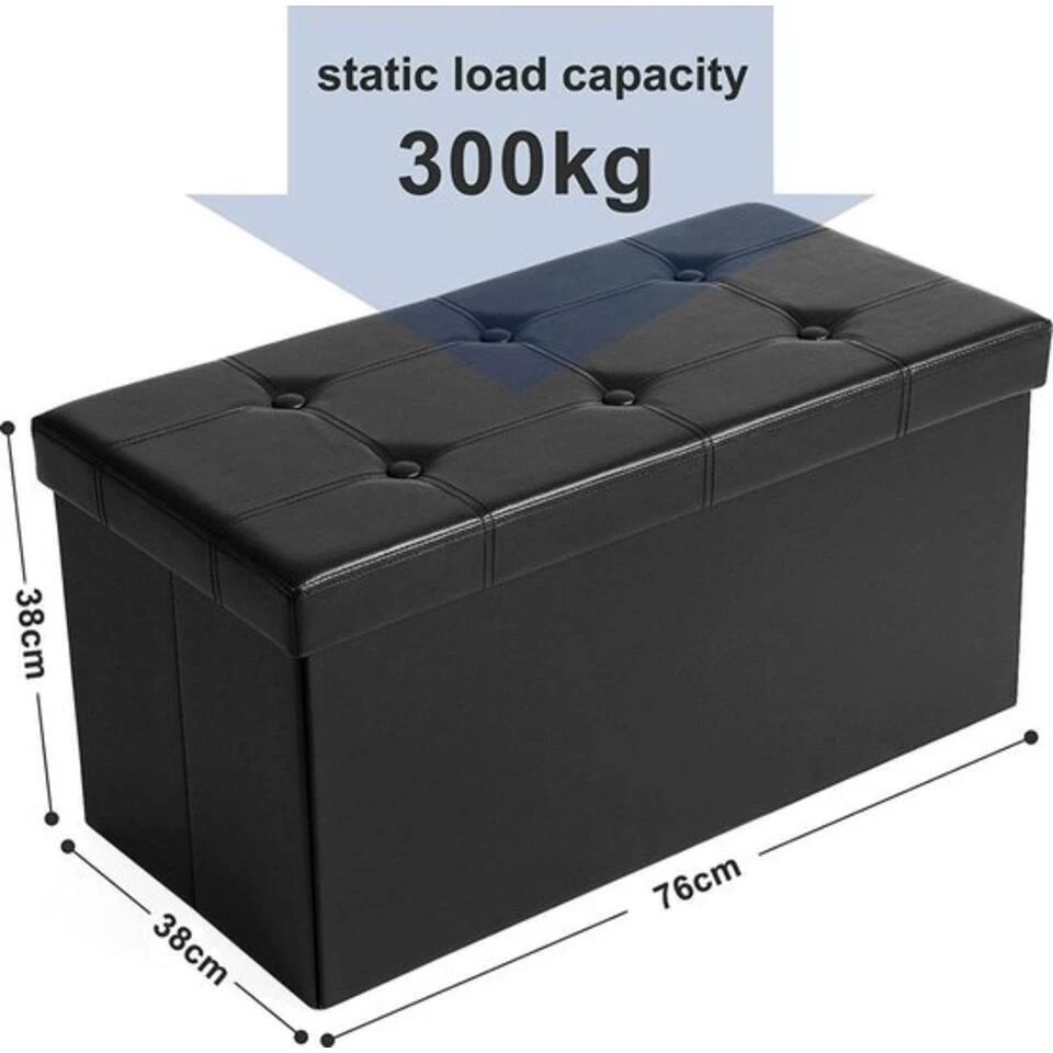 Zitpoef, Zitbank Met Opbergruimte, Opvouwbaar, Zwart 6 Zitpoef, Zitbank Met Opbergruimte, Opvouwbaar, Zwart - Afbeelding 4