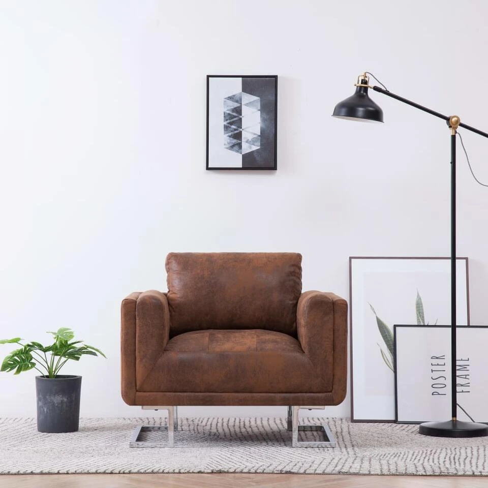 VidaXL Fauteuil Kubus Kunstsuède Bruin 4 VidaXL Fauteuil Kubus Kunstsuède Bruin - Afbeelding 2