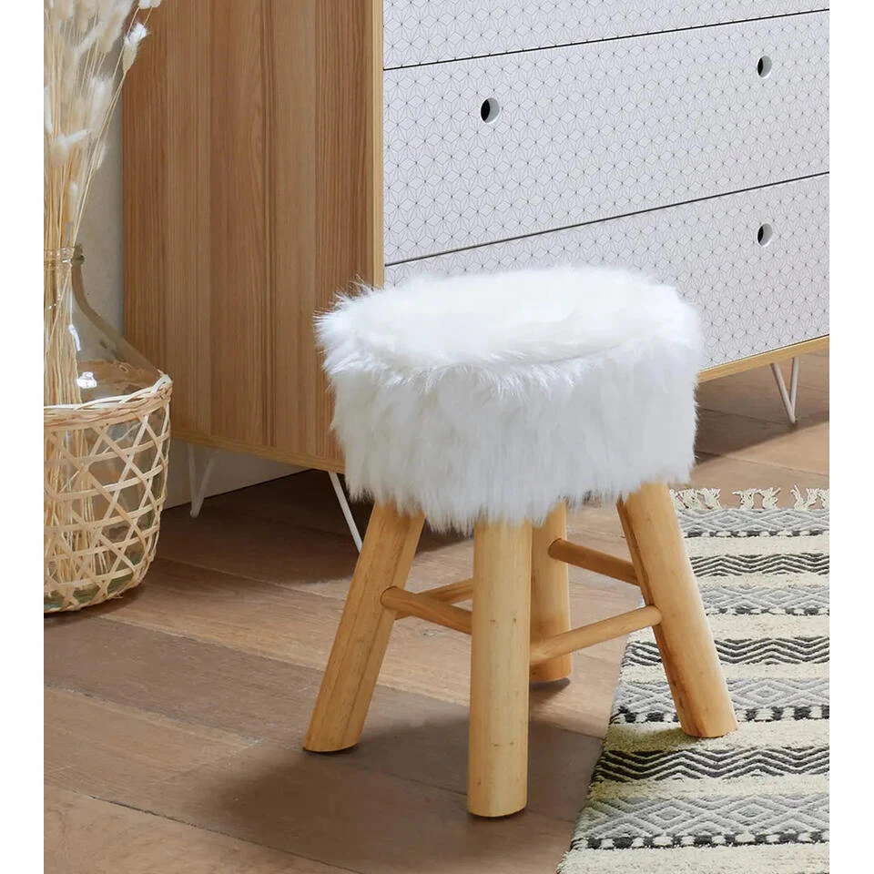 Atmosphera Bijzet/zit Krukje Oslo - Hout/stof - Wit - H42 Cm 4 Atmosphera Bijzet/zit Krukje Oslo - Hout/stof - Wit - H42 Cm - Afbeelding 2