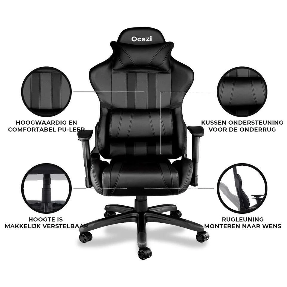 Ocazi Chicago Gamingstoel - Bureaustoel - Zwart 4 Ocazi Chicago Gamingstoel - Bureaustoel - Zwart - Afbeelding 2