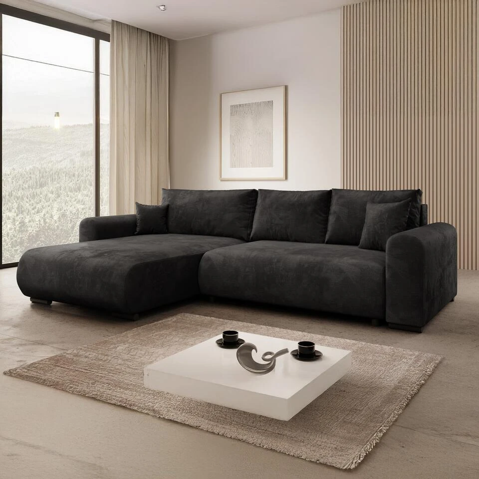 Meubella - Hoekbank Mindin - Zwart Velvet - Universeel 4 Meubella - Hoekbank Mindin - Zwart Velvet - Universeel - Afbeelding 2