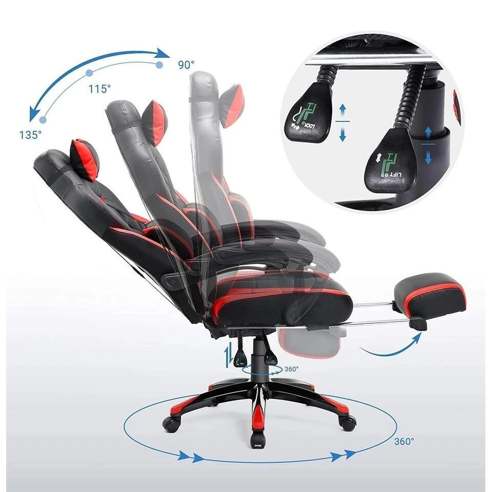 Luxe Gamestoel - Met Hoofdkussen - Kunstleer - Zwart & Rood 5 Luxe Gamestoel - Met Hoofdkussen - Kunstleer - Zwart & Rood - Afbeelding 3