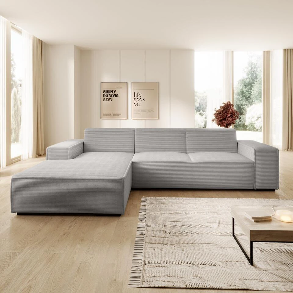 Meubella - Hoekbank Cardiff - Grijs - Ribstof - Links 5 Meubella - Hoekbank Cardiff - Grijs - Ribstof - Links - Afbeelding 3