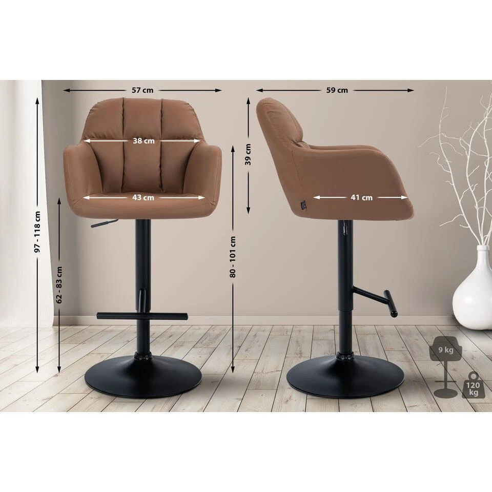 CLP Barkruk Natoma Zwart Frame - Kunstleer - Licht Bruin 4 CLP Barkruk Natoma Zwart Frame - Kunstleer - Licht Bruin - Afbeelding 2