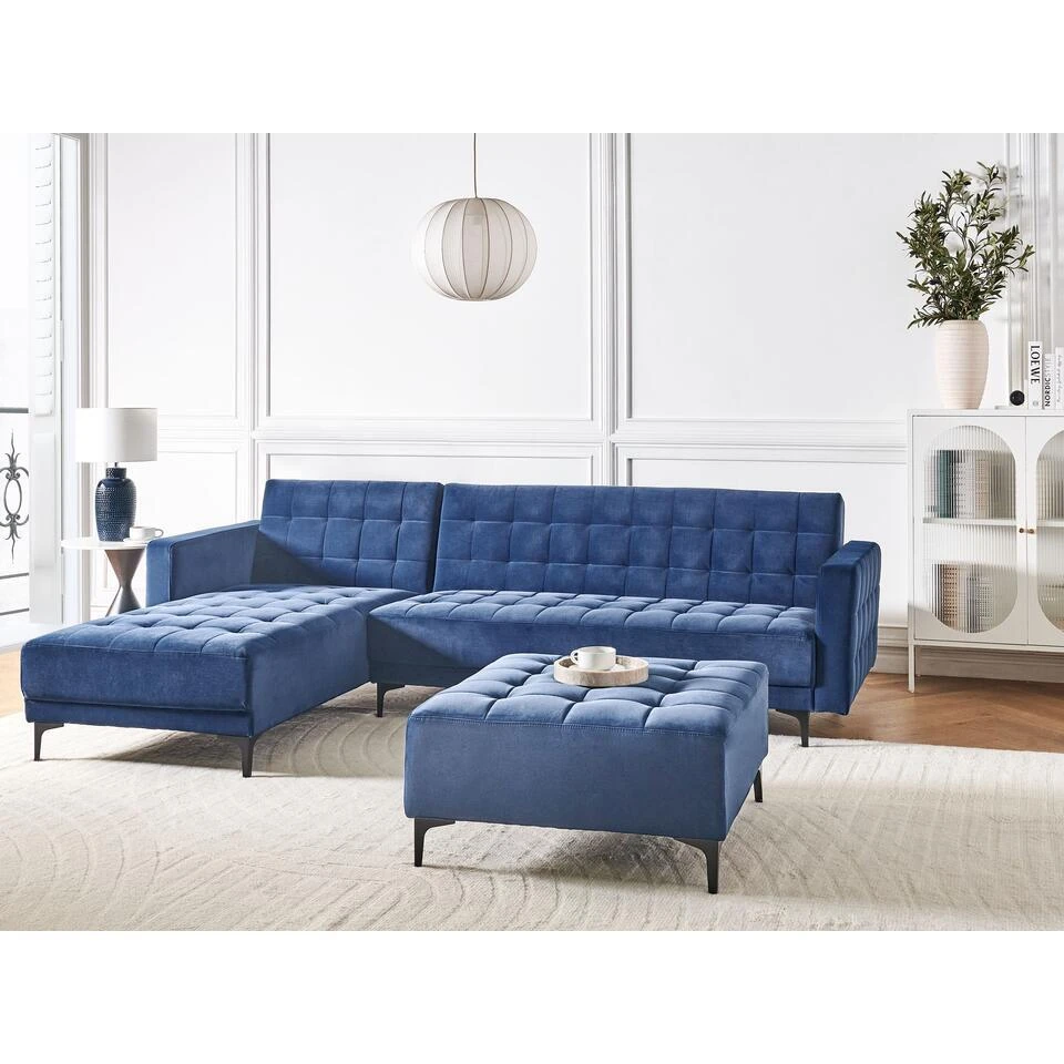 ABERDEEN - Slaapbank Met Ottomaan - Blauw - Rechtszijdig - Fluweel 4 ABERDEEN - Slaapbank Met Ottomaan - Blauw - Rechtszijdig - Fluweel - Afbeelding 2