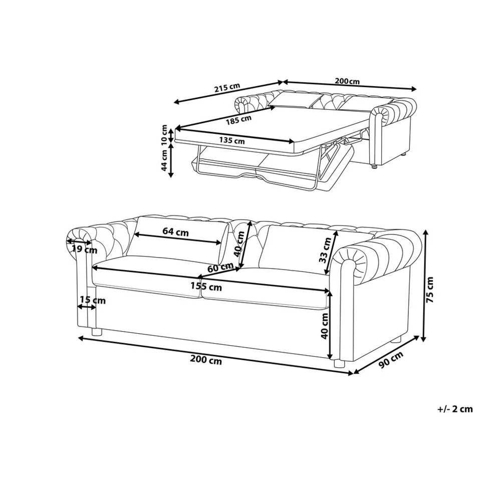 Beliani Driezitsbank - CHESTERFIELD Zwart Fluweel 4 Beliani Driezitsbank - CHESTERFIELD Zwart Fluweel - Afbeelding 2