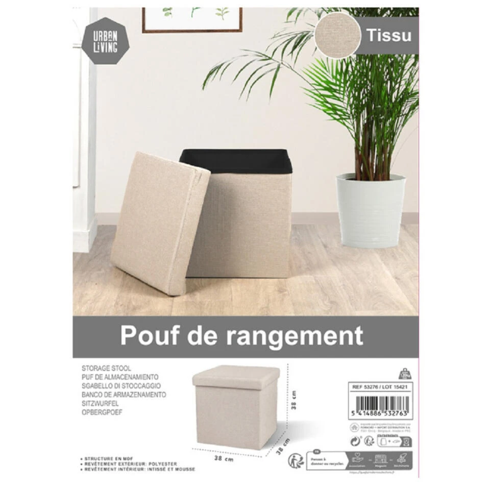 Merkloos Urban Living Poef/hocker/opbergbox - Beige - Mdf - 37 X 37 Cm 6 Merkloos Urban Living Poef/hocker/opbergbox - Beige - Mdf - 37 X 37 Cm - Afbeelding 4