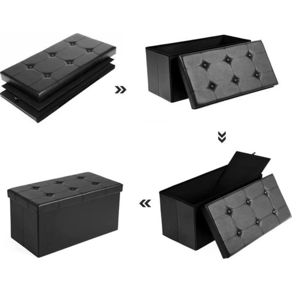 Zitpoef, Zitbank Met Opbergruimte, Opvouwbaar, Zwart 7 Zitpoef, Zitbank Met Opbergruimte, Opvouwbaar, Zwart - Afbeelding 5