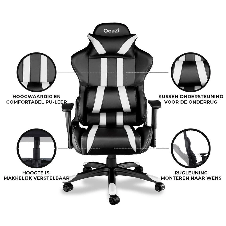 Ocazi Chicago Gaming Stoel - Bureaustoel - Zwart/Wit 7 Ocazi Chicago Gaming Stoel - Bureaustoel - Zwart/Wit - Afbeelding 5