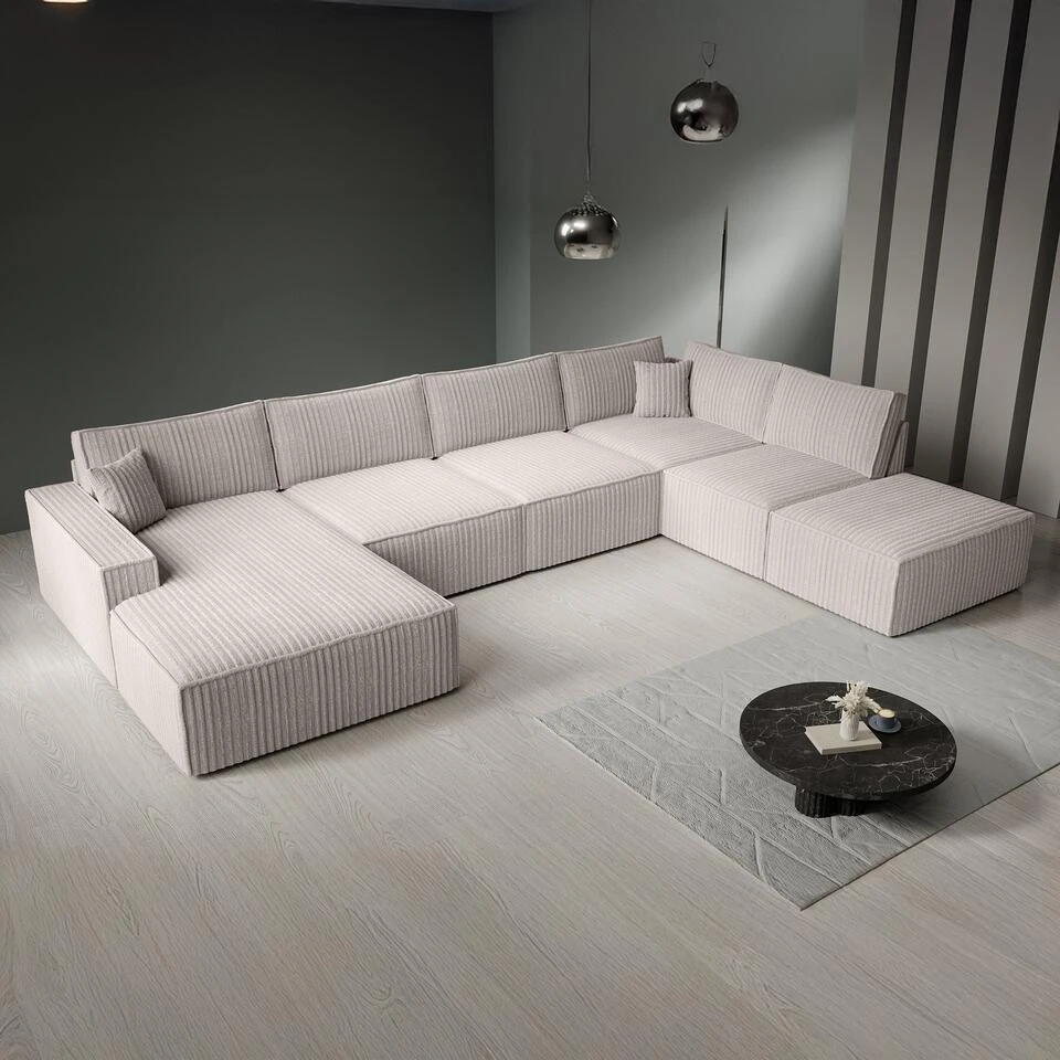 Meubella - Manolo - Hoekbank 5-zits Met Chaise Longue - Ribstof Beige - Links 6 Meubella - Manolo - Hoekbank 5-zits Met Chaise Longue - Ribstof Beige - Links - Afbeelding 4