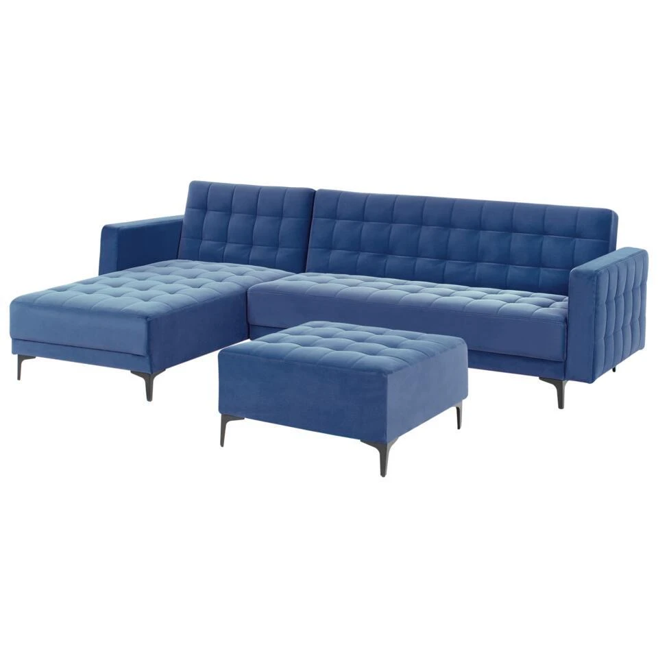 ABERDEEN - Slaapbank Met Ottomaan - Blauw - Rechtszijdig - Fluweel 7 ABERDEEN - Slaapbank Met Ottomaan - Blauw - Rechtszijdig - Fluweel - Afbeelding 5