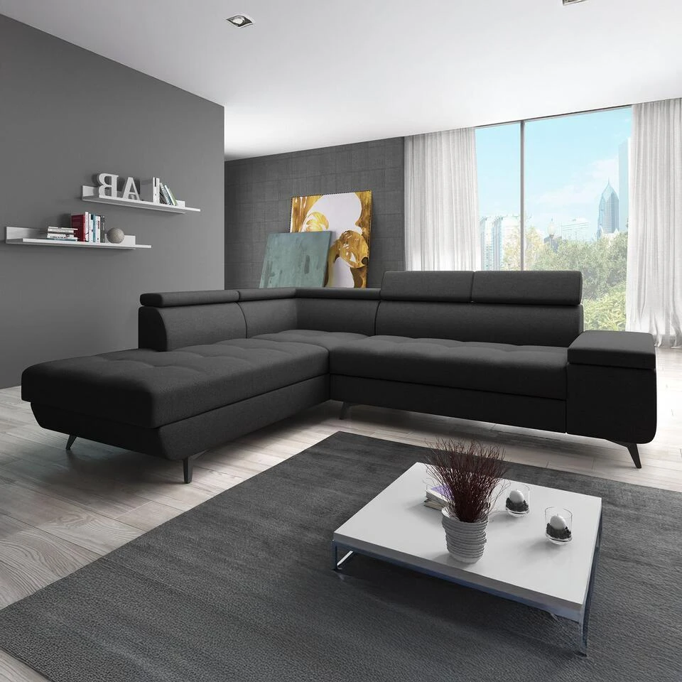 Meubella - Hoekbank Destiny - Zwart - Stof - Links 4 Meubella - Hoekbank Destiny - Zwart - Stof - Links - Afbeelding 2