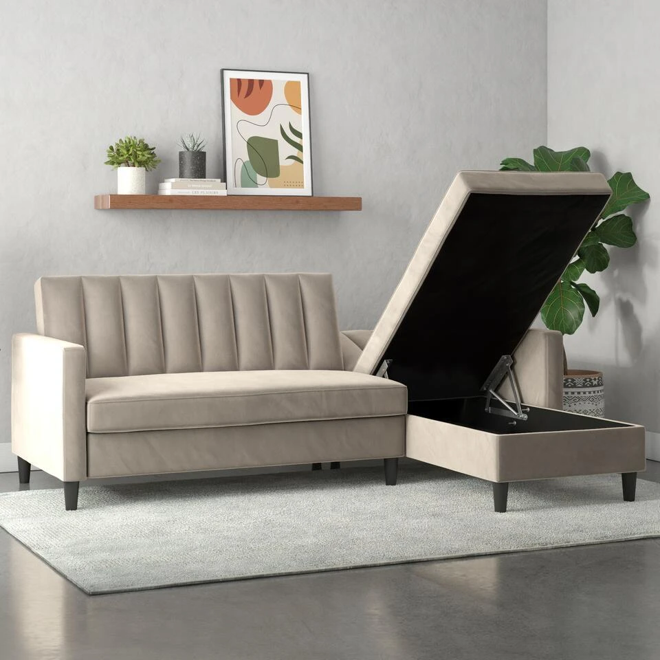 Celine - 3-zits Hoekslaapbank Met Opbergruimte In Taupe Fluweel 6 Celine - 3-zits Hoekslaapbank Met Opbergruimte In Taupe Fluweel - Afbeelding 4