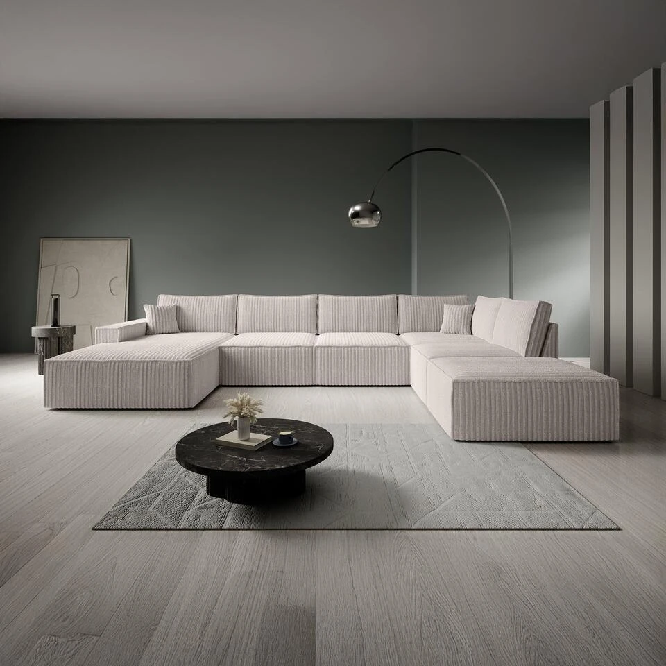 Meubella - Manolo - Hoekbank 5-zits Met Chaise Longue - Ribstof Beige - Links 4 Meubella - Manolo - Hoekbank 5-zits Met Chaise Longue - Ribstof Beige - Links - Afbeelding 2