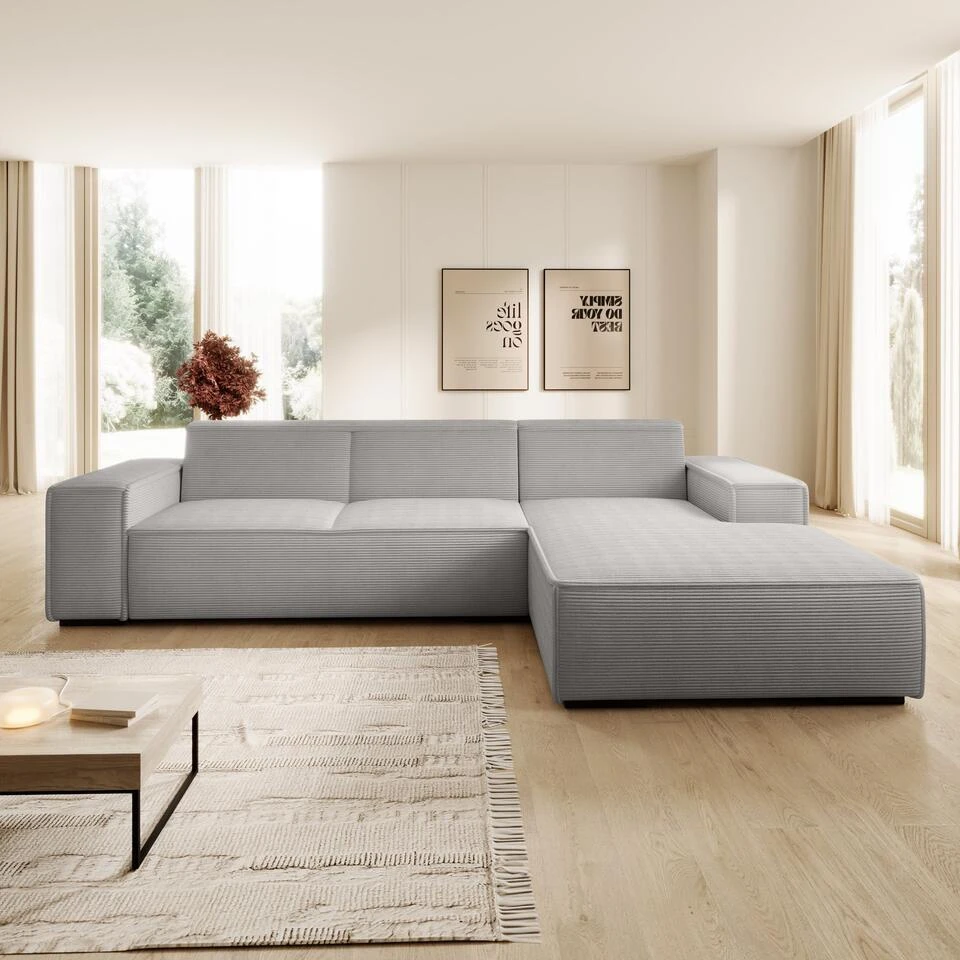 Meubella - Hoekbank Cardiff - Grijs - Ribstof - Rechts 5 Meubella - Hoekbank Cardiff - Grijs - Ribstof - Rechts - Afbeelding 3