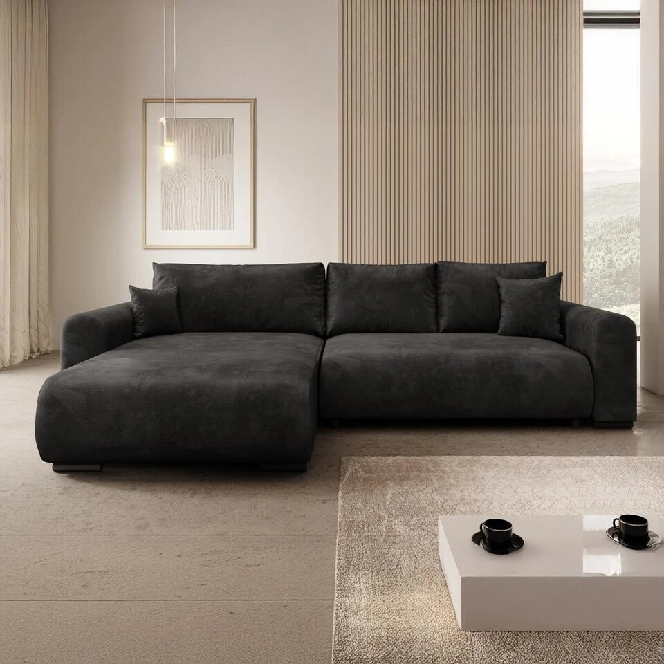 Meubella - Hoekbank Mindin - Zwart Velvet - Universeel 5 Meubella - Hoekbank Mindin - Zwart Velvet - Universeel - Afbeelding 3