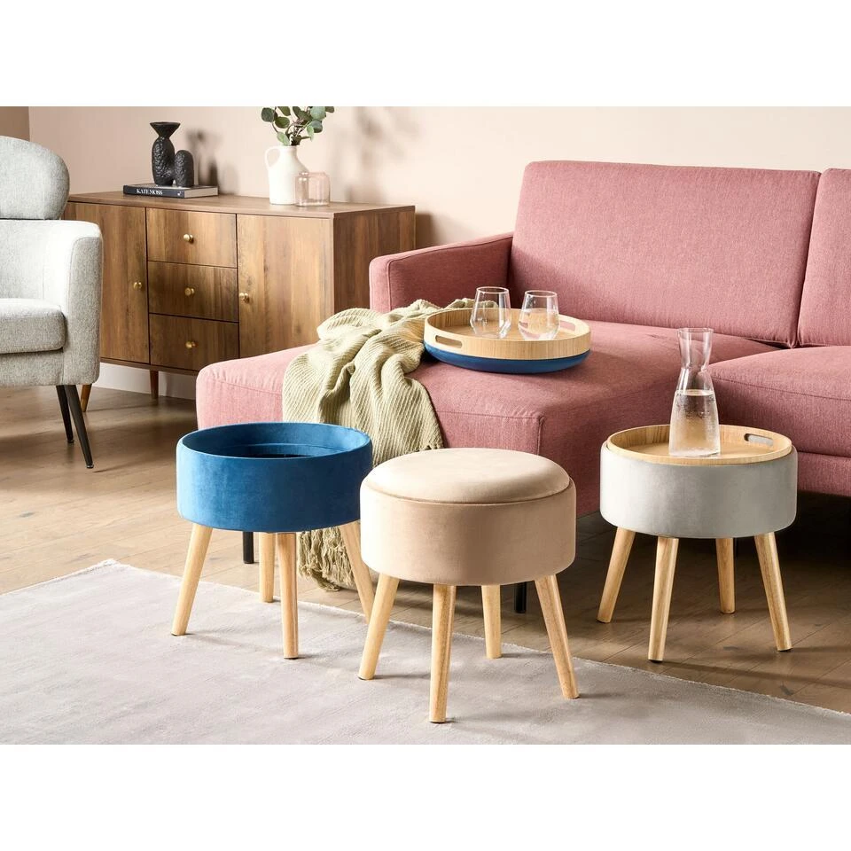 NEELY - Hocker - Beige - Fluweel 4 NEELY - Hocker - Beige - Fluweel - Afbeelding 2