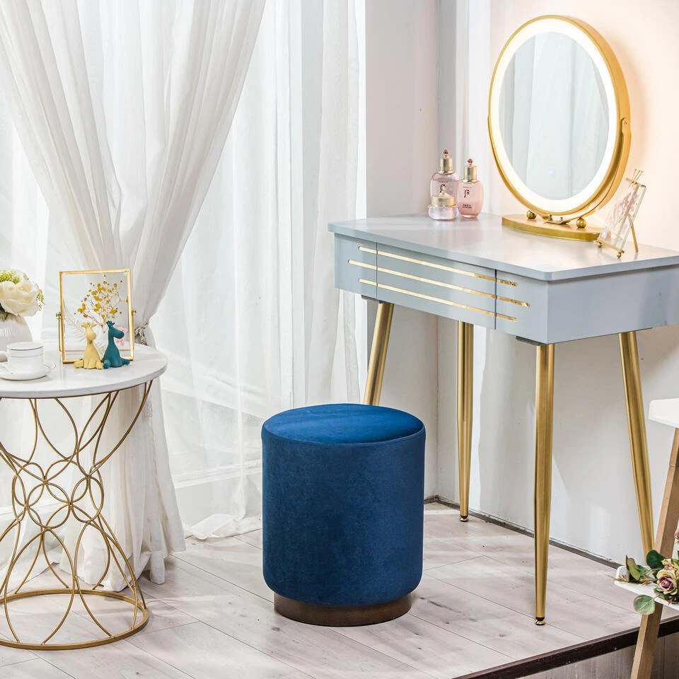 Pouf In Blauw Fluweel En Houten Basis 4 Pouf In Blauw Fluweel En Houten Basis - Afbeelding 2