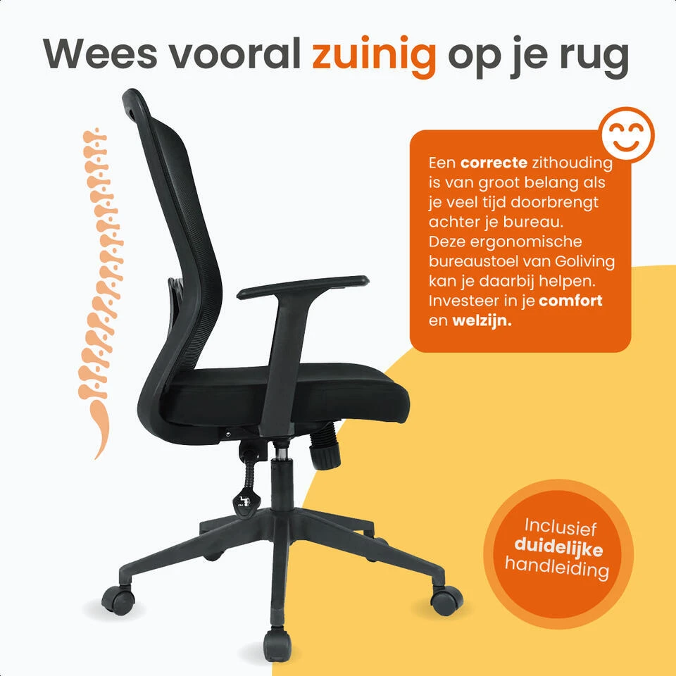 Goliving Ergonomisch Bureaustoel - Verstelbaar - Op Wieltjes - Zwart 7 Goliving Ergonomisch Bureaustoel - Verstelbaar - Op Wieltjes - Zwart - Afbeelding 5