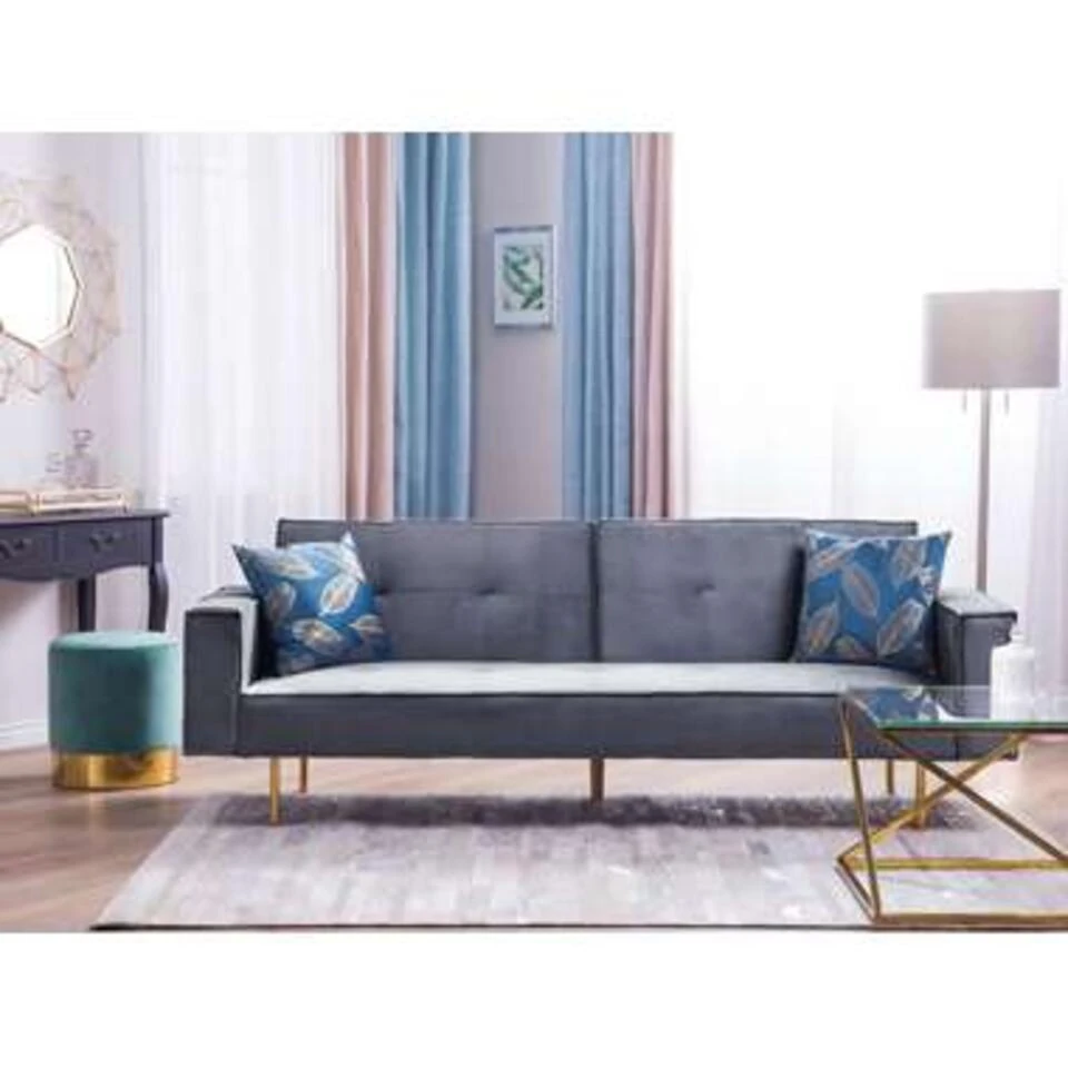 Beliani Driezitsbank - VISNES Grijs Fluweel 4 Beliani Driezitsbank - VISNES Grijs Fluweel - Afbeelding 2