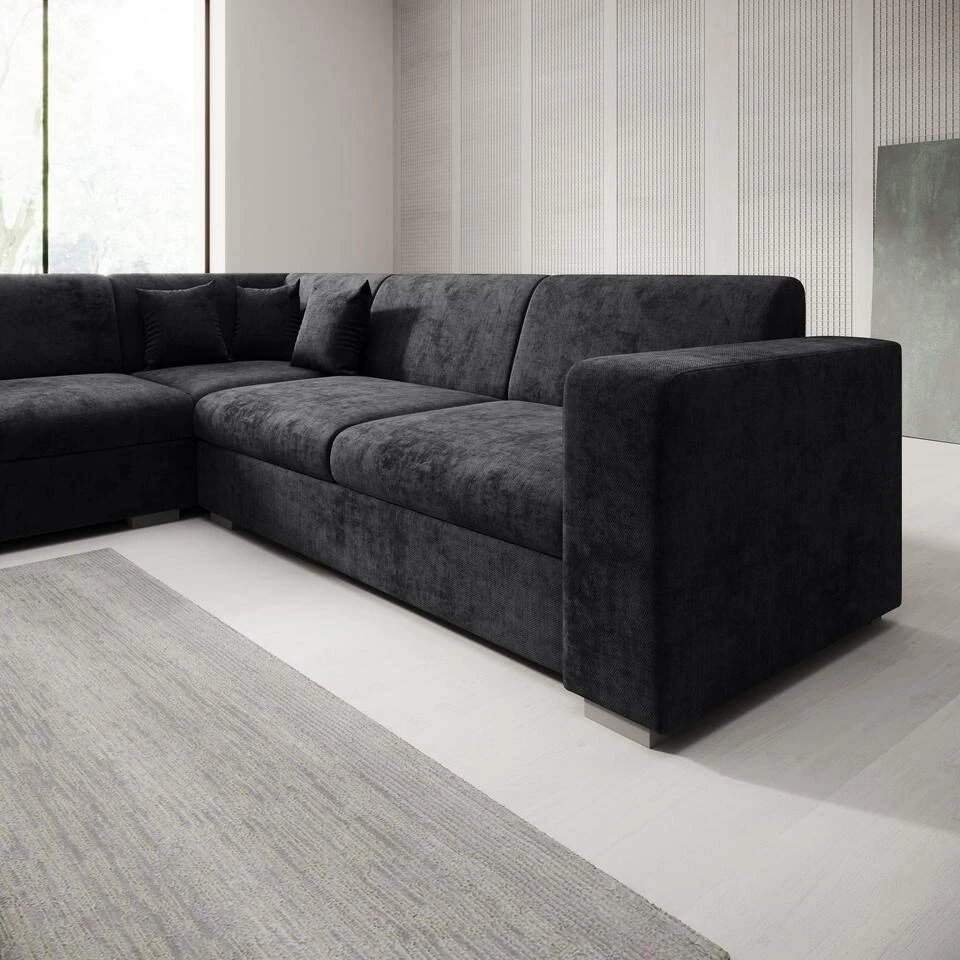 Meubella - Hoekbank Santana - Zwart - Velvet - Links 6 Meubella - Hoekbank Santana - Zwart - Velvet - Links - Afbeelding 4