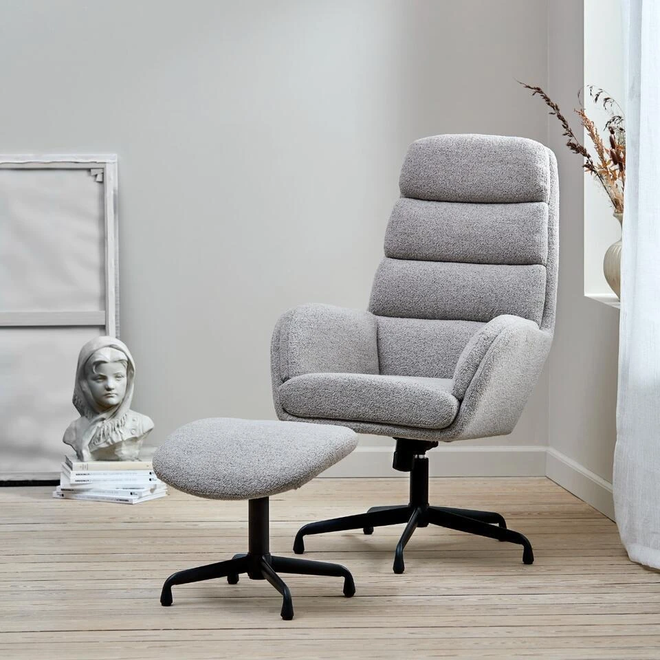 Fauteuil Bouclé Taupe/Zwart - Voetenbank - 70x77x110cm - Sifton 4 Fauteuil Bouclé Taupe/Zwart - Voetenbank - 70x77x110cm - Sifton - Afbeelding 2