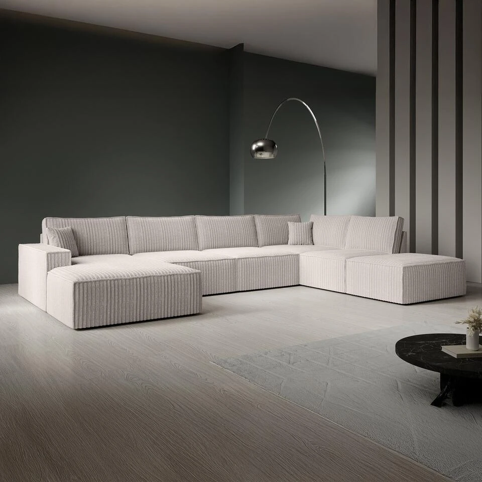 Meubella - Manolo - Hoekbank 5-zits Met Chaise Longue - Ribstof Beige - Links 5 Meubella - Manolo - Hoekbank 5-zits Met Chaise Longue - Ribstof Beige - Links - Afbeelding 3