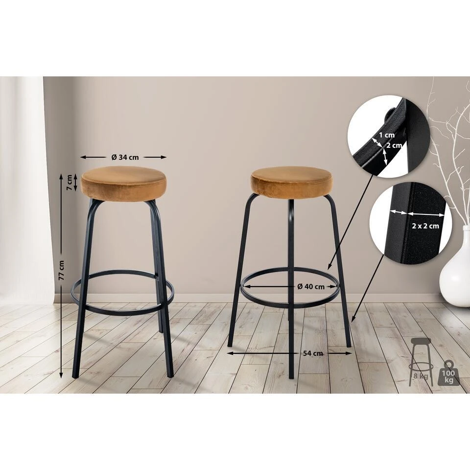 CLP Barkruk Kamari Mat Zwart Frame - Fluweel - Koffie 4 CLP Barkruk Kamari Mat Zwart Frame - Fluweel - Koffie - Afbeelding 2