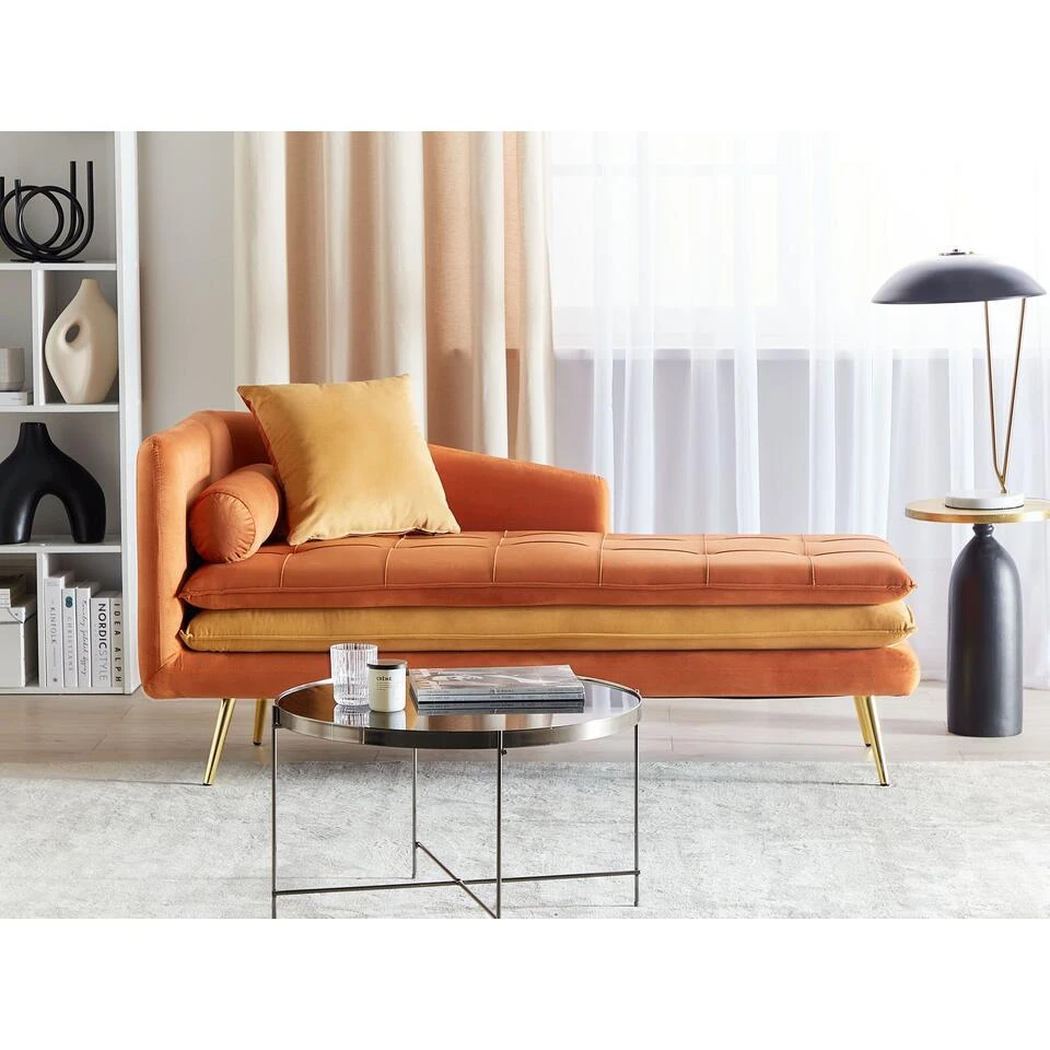 GONESSE - Chaise Longue - Oranje - Fluweel 4 GONESSE - Chaise Longue - Oranje - Fluweel - Afbeelding 2