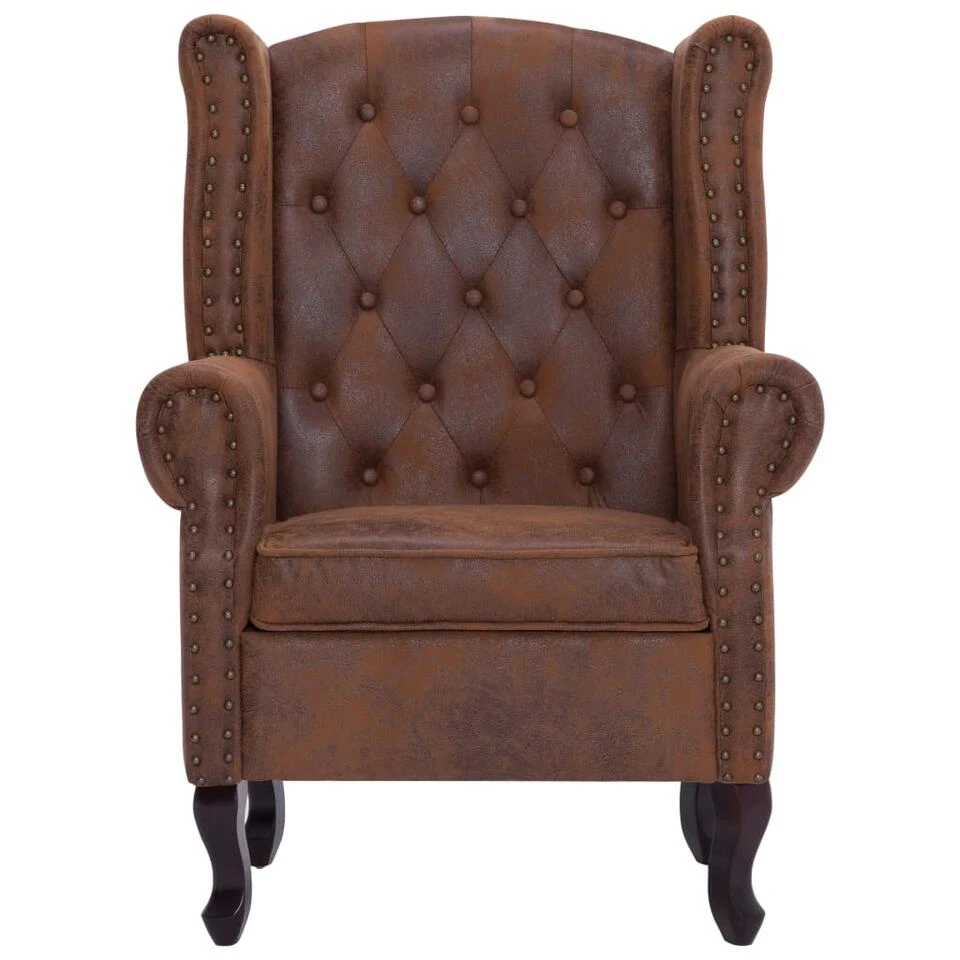 VidaXL Fauteuil En Voetenbank Chesterfield-stijl Kunstsuède Bruin 6 VidaXL Fauteuil En Voetenbank Chesterfield-stijl Kunstsuède Bruin - Afbeelding 4