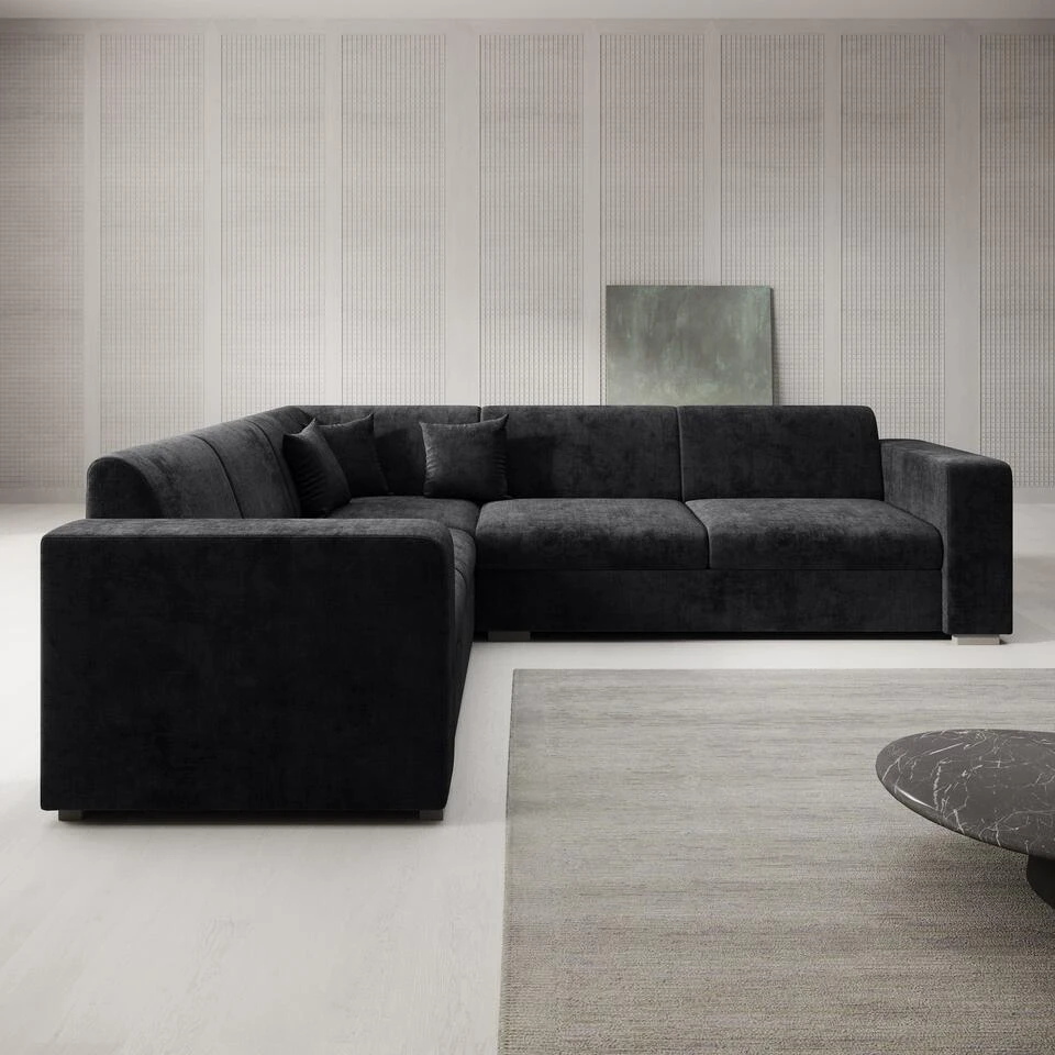 Meubella - Hoekbank Santana - Zwart - Velvet - Links 5 Meubella - Hoekbank Santana - Zwart - Velvet - Links - Afbeelding 3