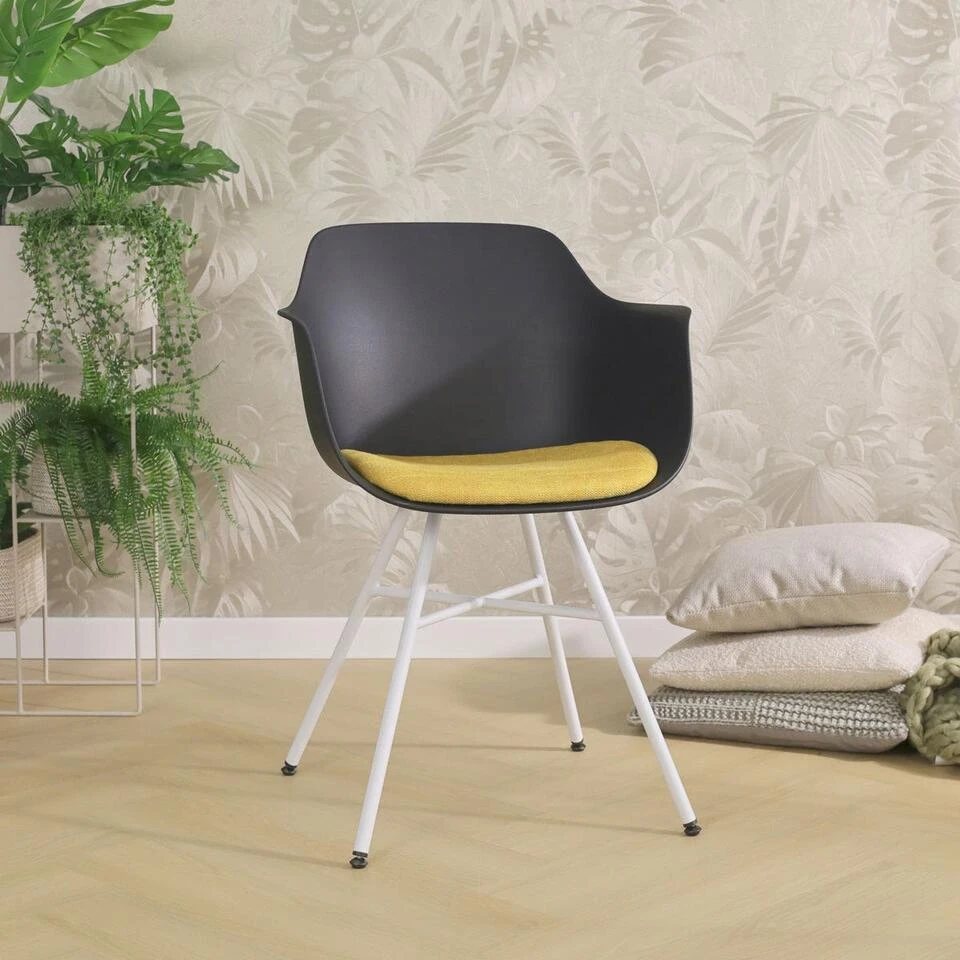 Nolon Noa-Liz Eetkamerstoel Zwart - Okergeel Kussen - Witte Poten 4 Nolon Noa-Liz Eetkamerstoel Zwart - Okergeel Kussen - Witte Poten - Afbeelding 2